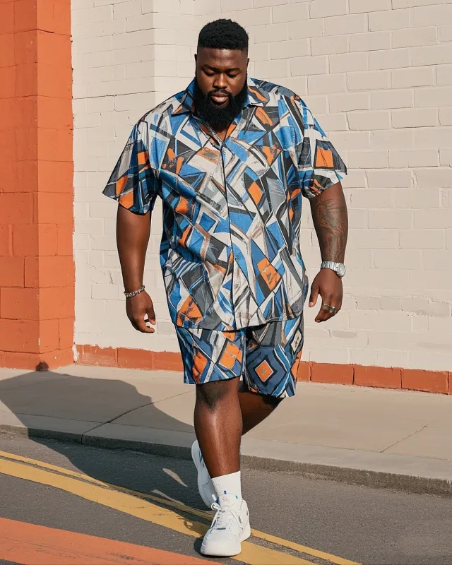 Men's Plus Size Irregular Abstract Geometry Print Short Sleeve Shirt Shorts Suit sold by Biggmans
