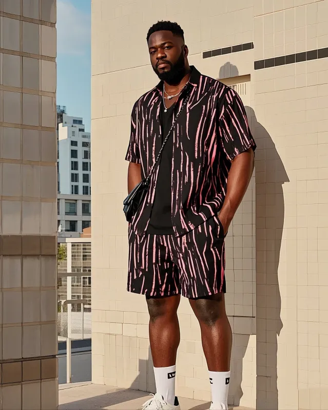 Big Men's Fashion Red Black Irregular Stripe Color Block Printing Short Sleeve Shirt Shorts Suit sold by Biggmans