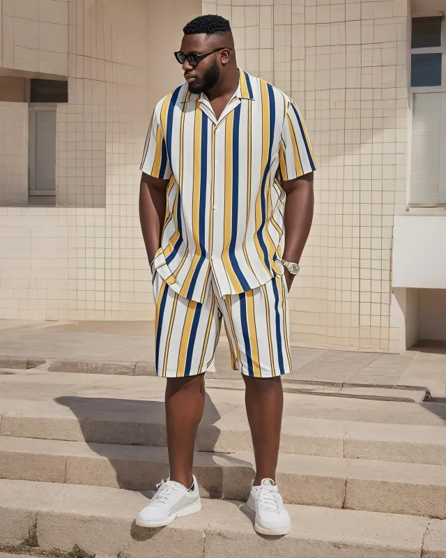 Big Man's Retro Daily Casual Yellow White Blue Stripe Color Block Printing Short Sleeve Shirt Shorts Suit sold by Biggmans