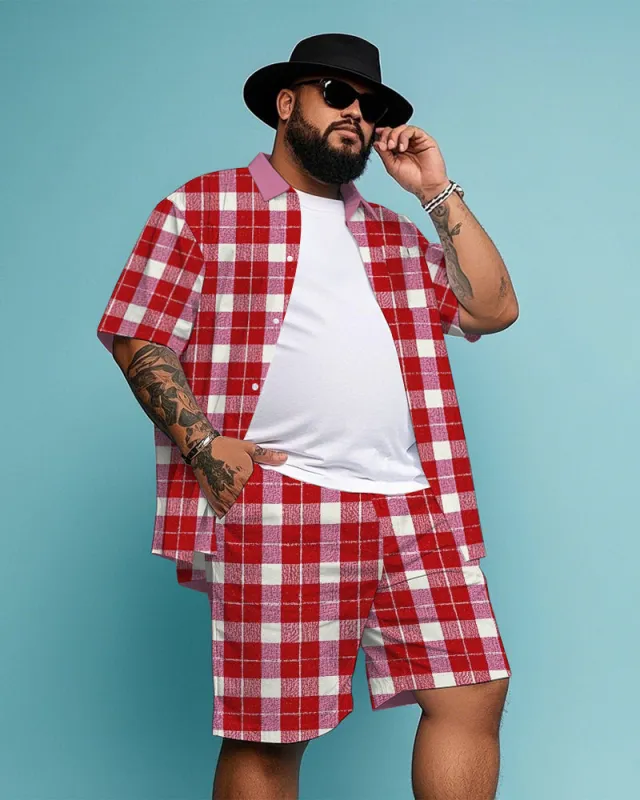Men's Business Casual Red & White Plaid Printed Big Size Short Sleeve Shirt and Shorts Set sold by Biggmans