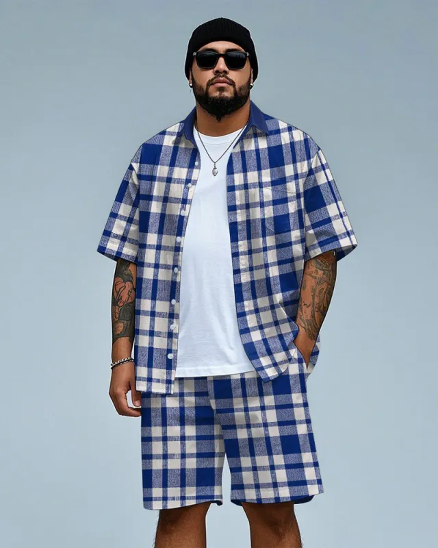 Men's Business Casual Blue Plaid Printed Big Size Short Sleeve Shirt and Shorts Set sold by Biggmans