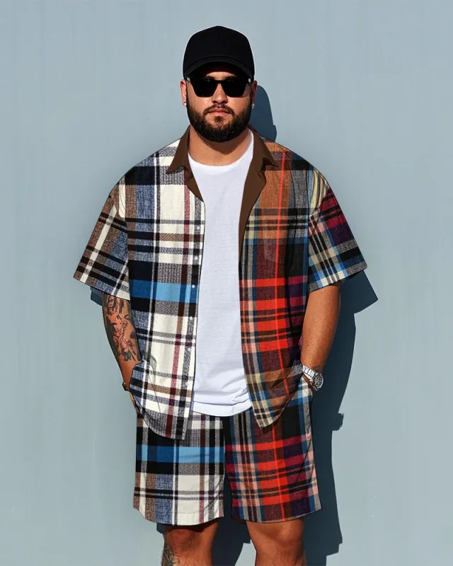 Men's Casual Irregular Splicing Retro Plaid Style Big Size Short Sleeve Shirt and Shorts Set sold by Biggmans
