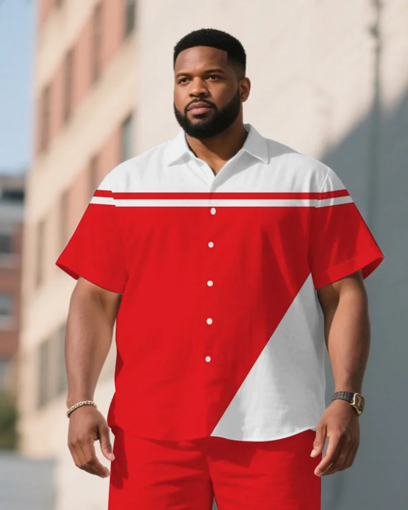 Men's Plus Size Red & White Irregular Stitching Short Sleeve Shirt Shorts Suit sold by Biggmans product image thumbnail 2