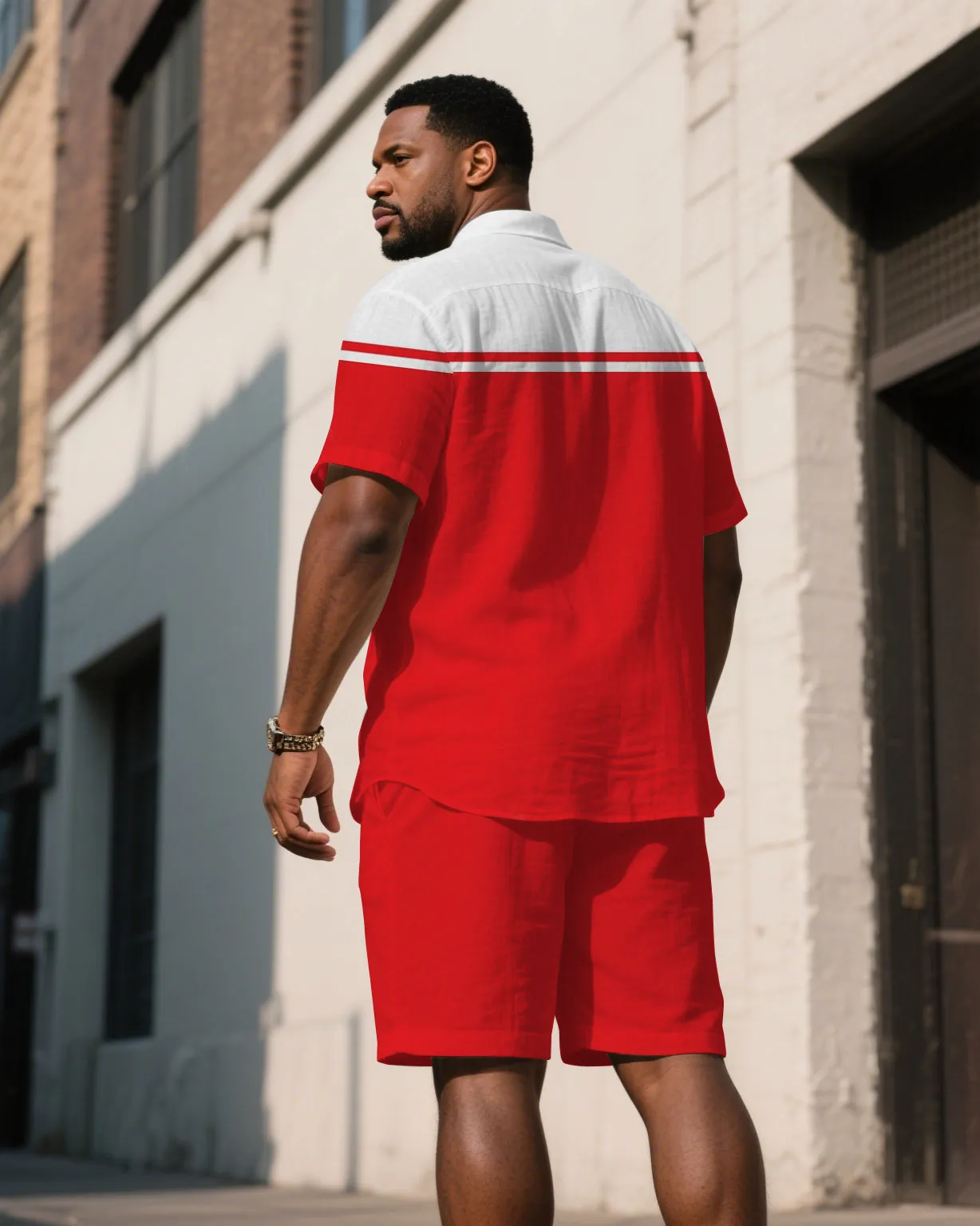 Men's Plus Size Red & White Irregular Stitching Short Sleeve Shirt Shorts Suit sold by Biggmans product image thumbnail 4