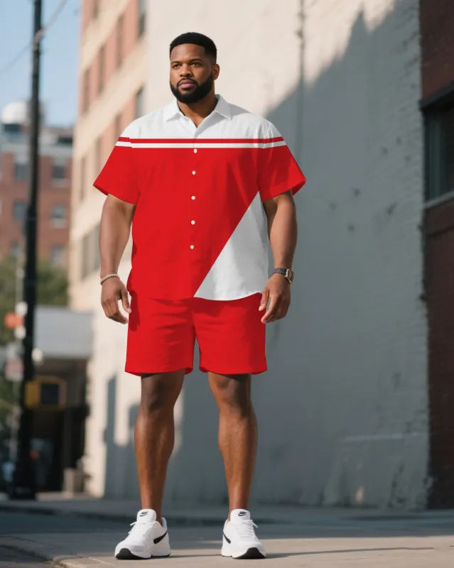 Men's Plus Size Red & White Irregular Stitching Short Sleeve Shirt Shorts Suit sold by Biggmans