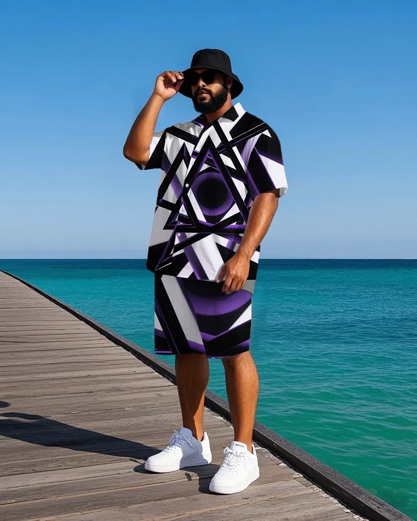 Big Men's Simple Triangle Geometric Pattern Printed Short-Sleeve Shirt and Shorts Set sold by Biggmans