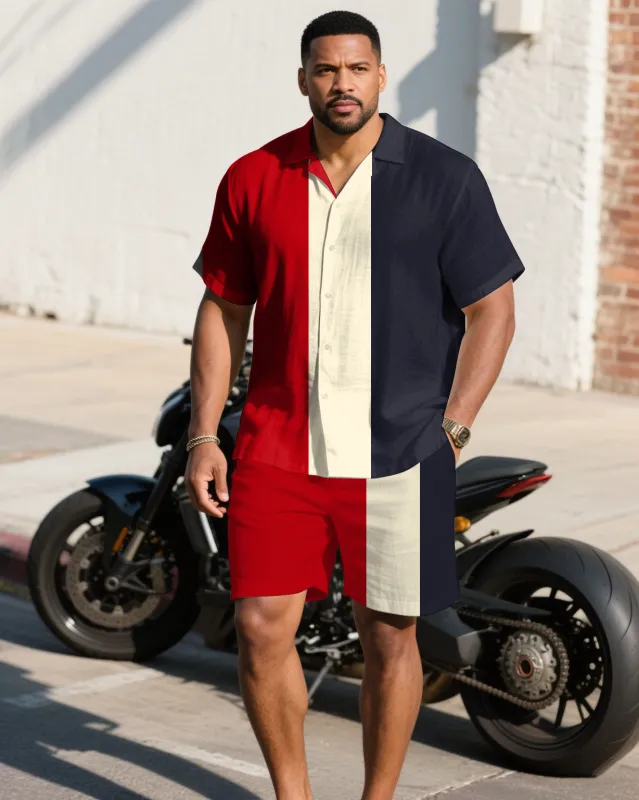 Men's Plus Size Red & Apricot & Royal Blue Colorblock Short Sleeve Shirt Shorts Suit sold by Biggmans