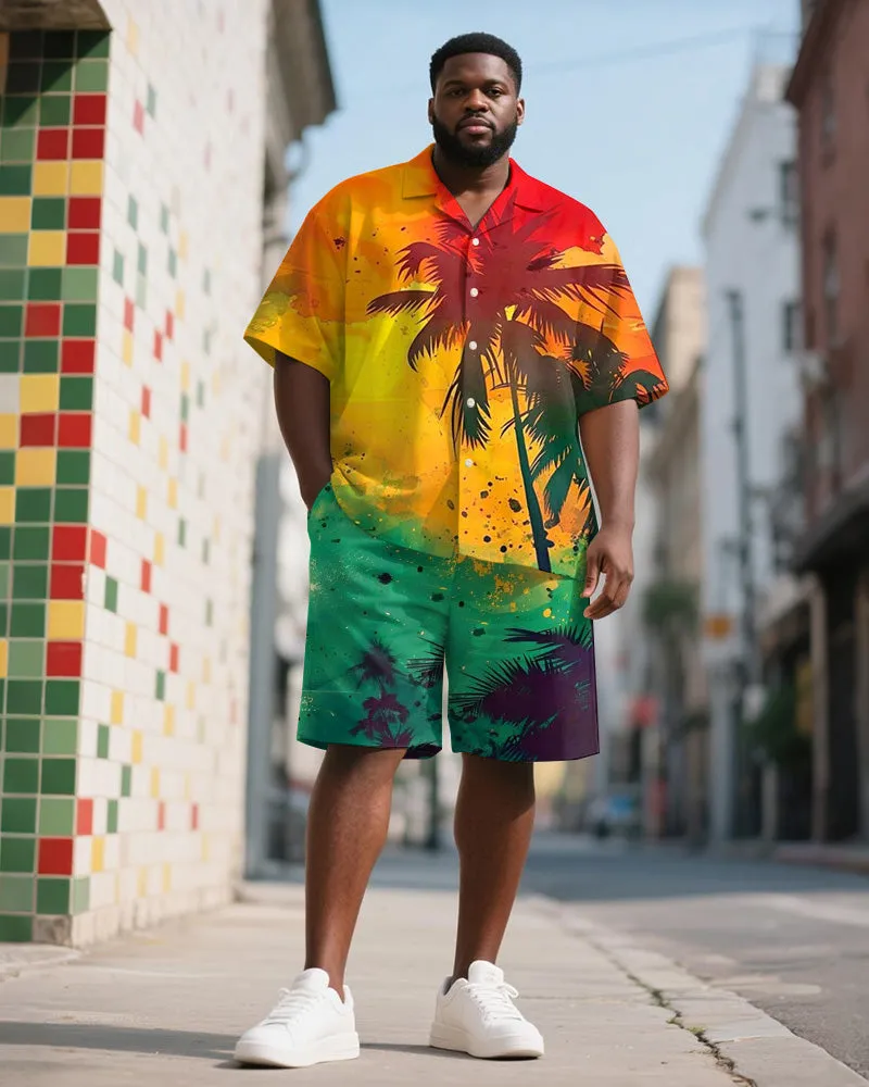 Men's Plus Size Juneteenth Colorblock Hawaiian Coconut Tree Print Shirt Shorts Suit sold by Biggmans