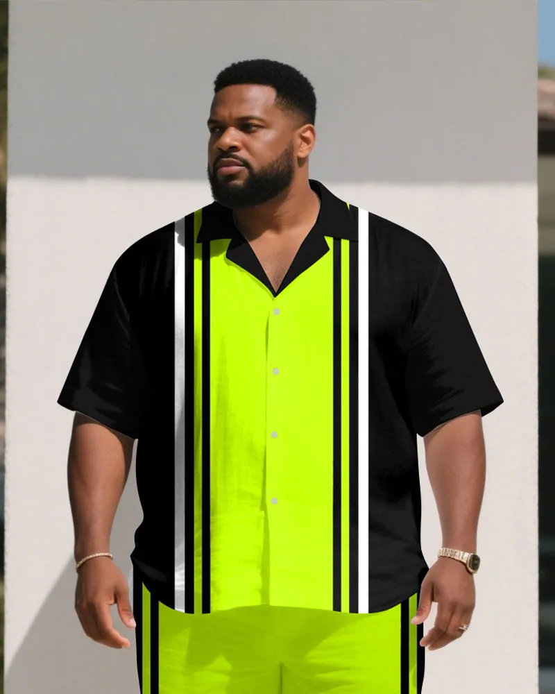 Men's Plus Size Bright Green Colorblock Black Fashion Short Sleeve Shirt Shorts Suit sold by Biggmans product image thumbnail 2