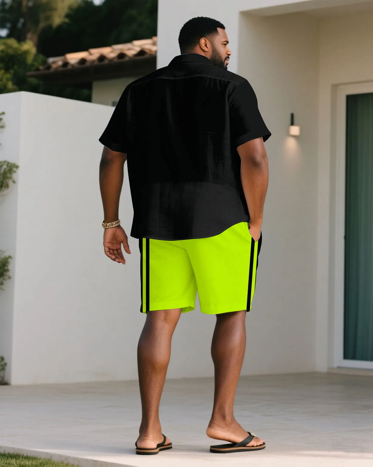 Men's Plus Size Bright Green Colorblock Black Fashion Short Sleeve Shirt Shorts Suit sold by Biggmans product image thumbnail 4
