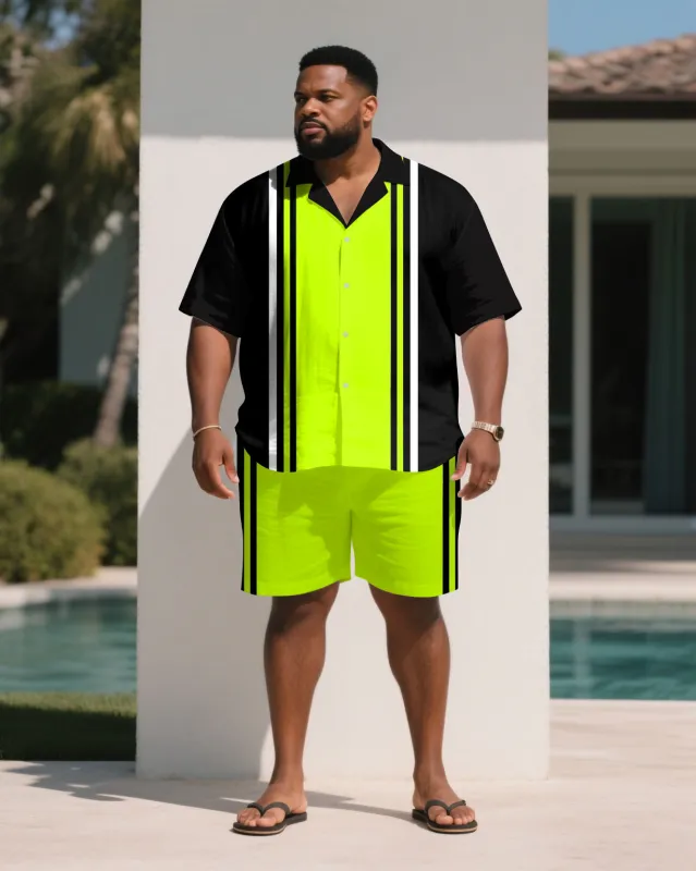 Men's Plus Size Bright Green Colorblock Black Fashion Short Sleeve Shirt Shorts Suit sold by Biggmans