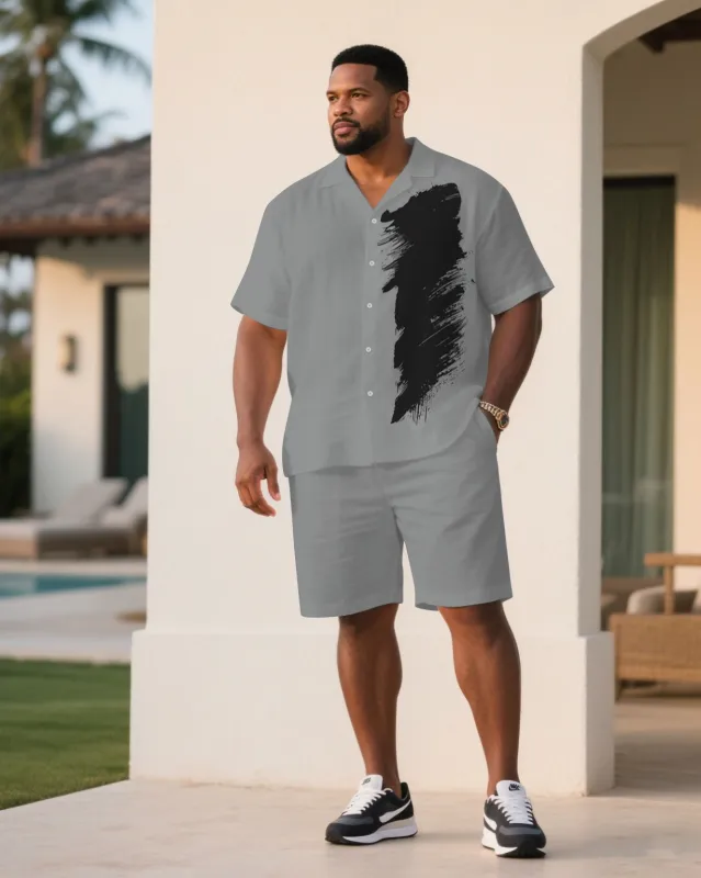 Men's Plus Size Grey & Black Personality Art Brush Print Short Sleeve Shirt Shorts Suit sold by Biggmans