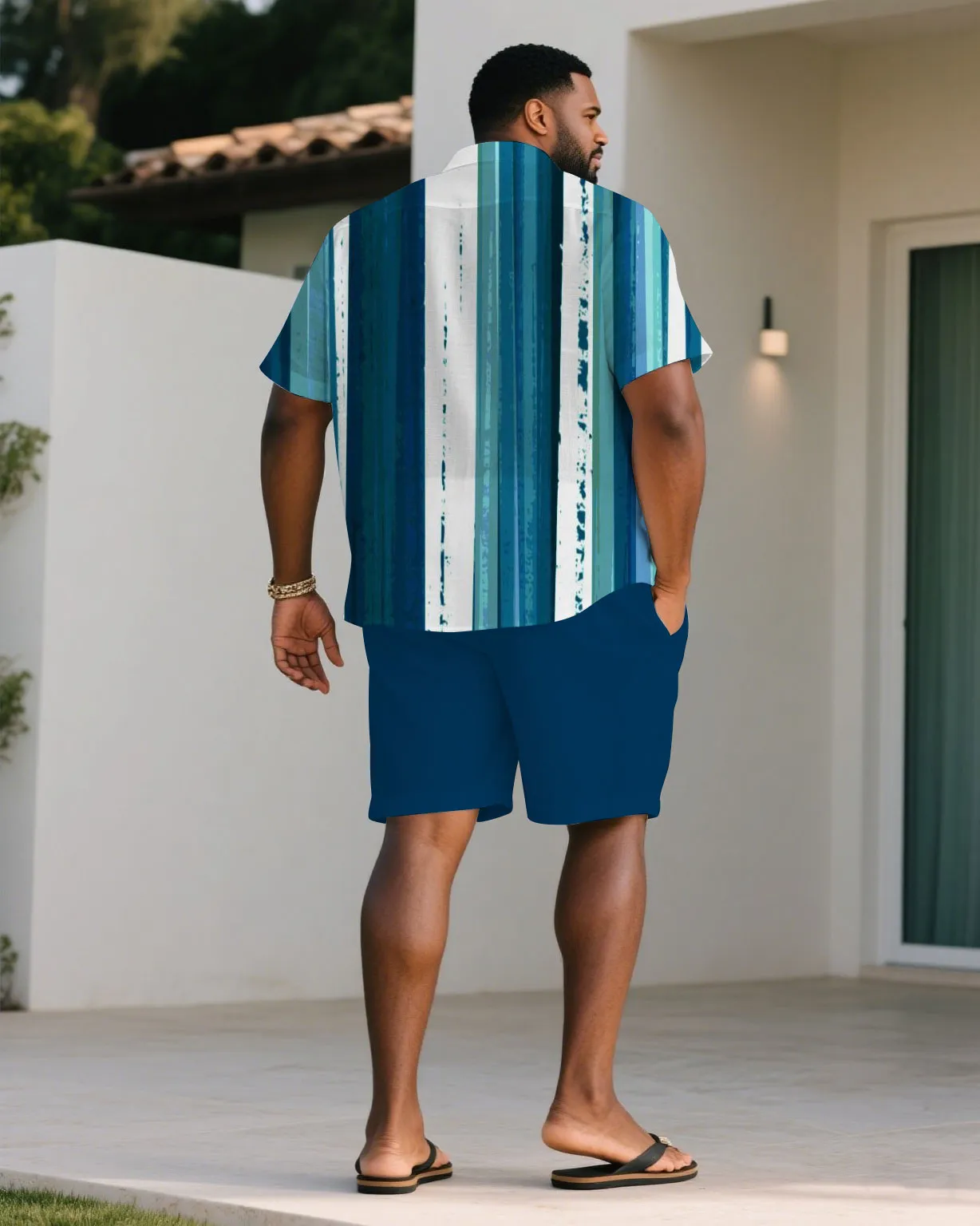 Men's Plus Size Summer Blue Ocean Striped Short Sleeve Shirt Shorts Suit sold by Biggmans product image thumbnail 4