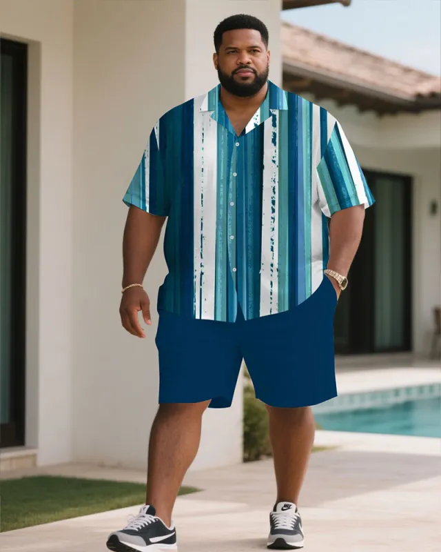 Men's Plus Size Summer Blue Ocean Striped Short Sleeve Shirt Shorts Suit sold by Biggmans