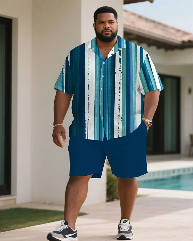 Men's Plus Size Summer Blue Ocean Striped Short Sleeve Shirt Shorts Suit sold by Biggmans