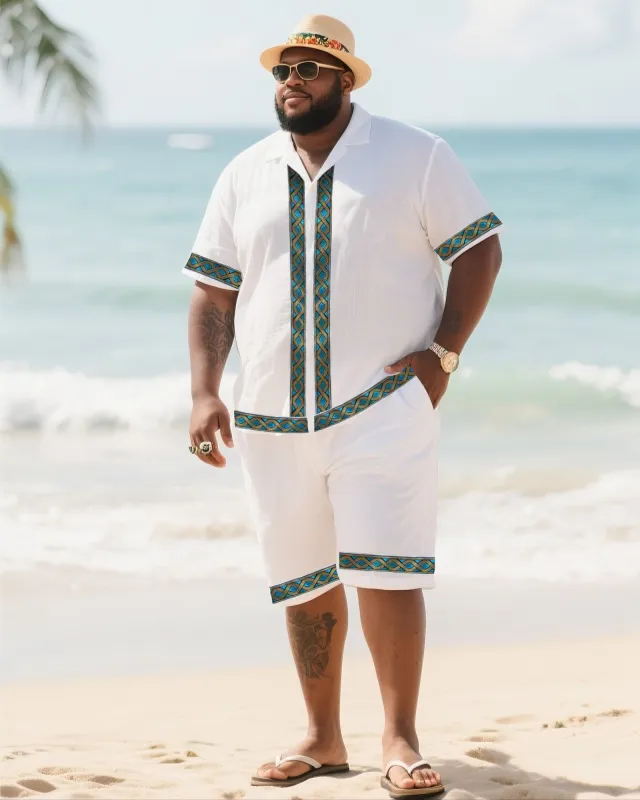 Big Men's Vacation Casual Bohemian Style Green Vintage Striped Edge Textured White Short Sleeve Shirt Shorts Suit sold by Biggmans