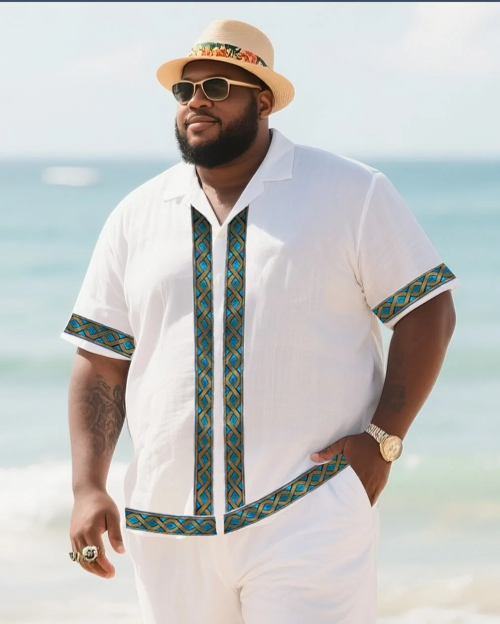 Big Men's Vacation Casual Bohemian Style Green Vintage Striped Edge Textured White Short Sleeve Shirt Shorts Suit sold by Biggmans product image thumbnail 2