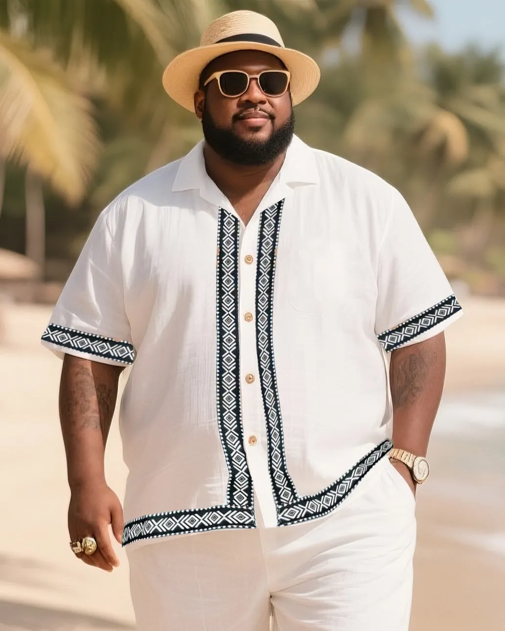 Big Men's Vacation Casual Bohemian Style Striped Edge Textured Short Sleeve Shirt Shorts Suit sold by Biggmans product image thumbnail 2