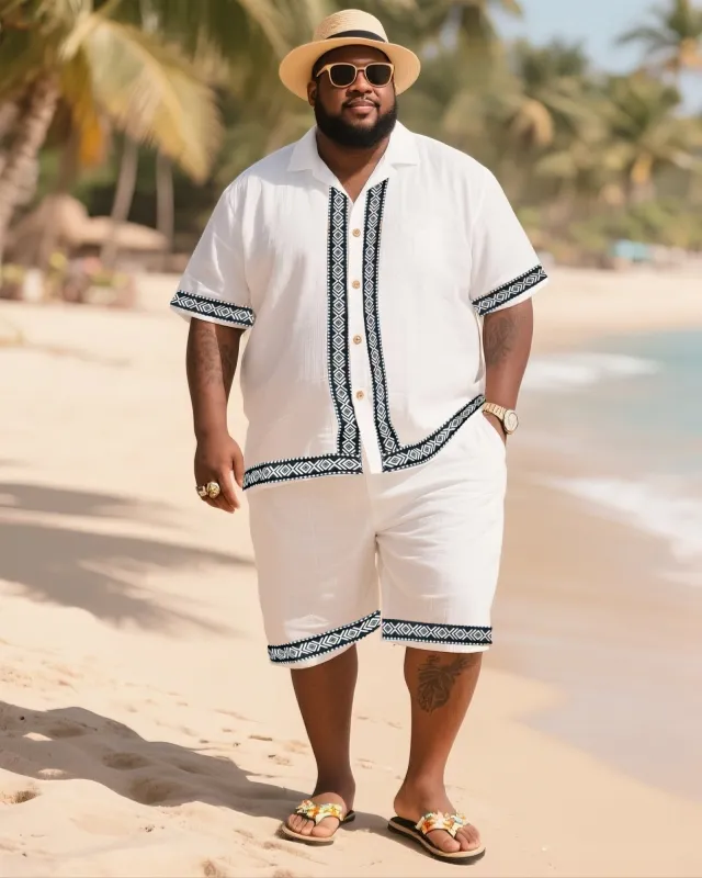 Big Men's Vacation Casual Bohemian Style Striped Edge Textured Short Sleeve Shirt Shorts Suit sold by Biggmans