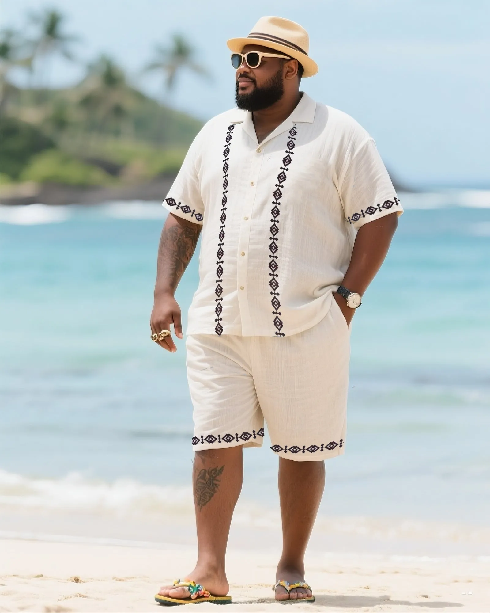 Big Men's Vacation Casual Bohemian Style Double Striped Edge Textured Short Sleeve Shirt Shorts Suit sold by Biggmans