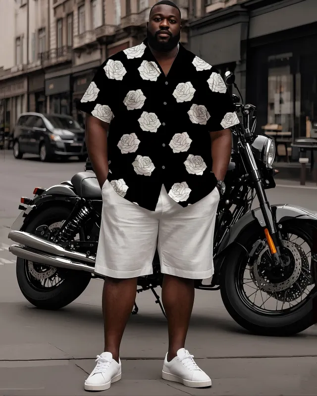 Big Man's Street Motorcycle Style White Rose Black Short Sleeve Shirt White Shorts Suit sold by Biggmans
