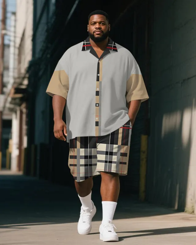 Men's Plus Size Casual Business Black Khaki Plaid Letter Print Shirt Shorts Suit sold by Biggmans