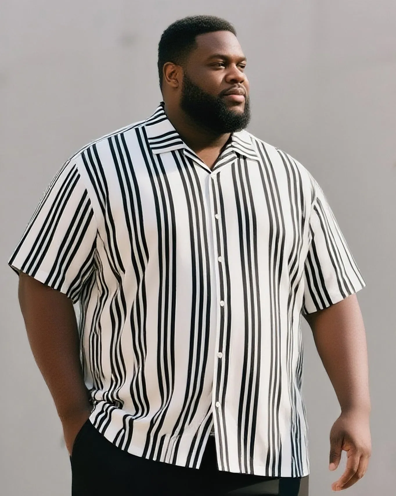 Big & Tall Men's Street Fashion Daily Casual Black And White Striped Shirt Shorts Suit sold by Biggmans product image thumbnail 2