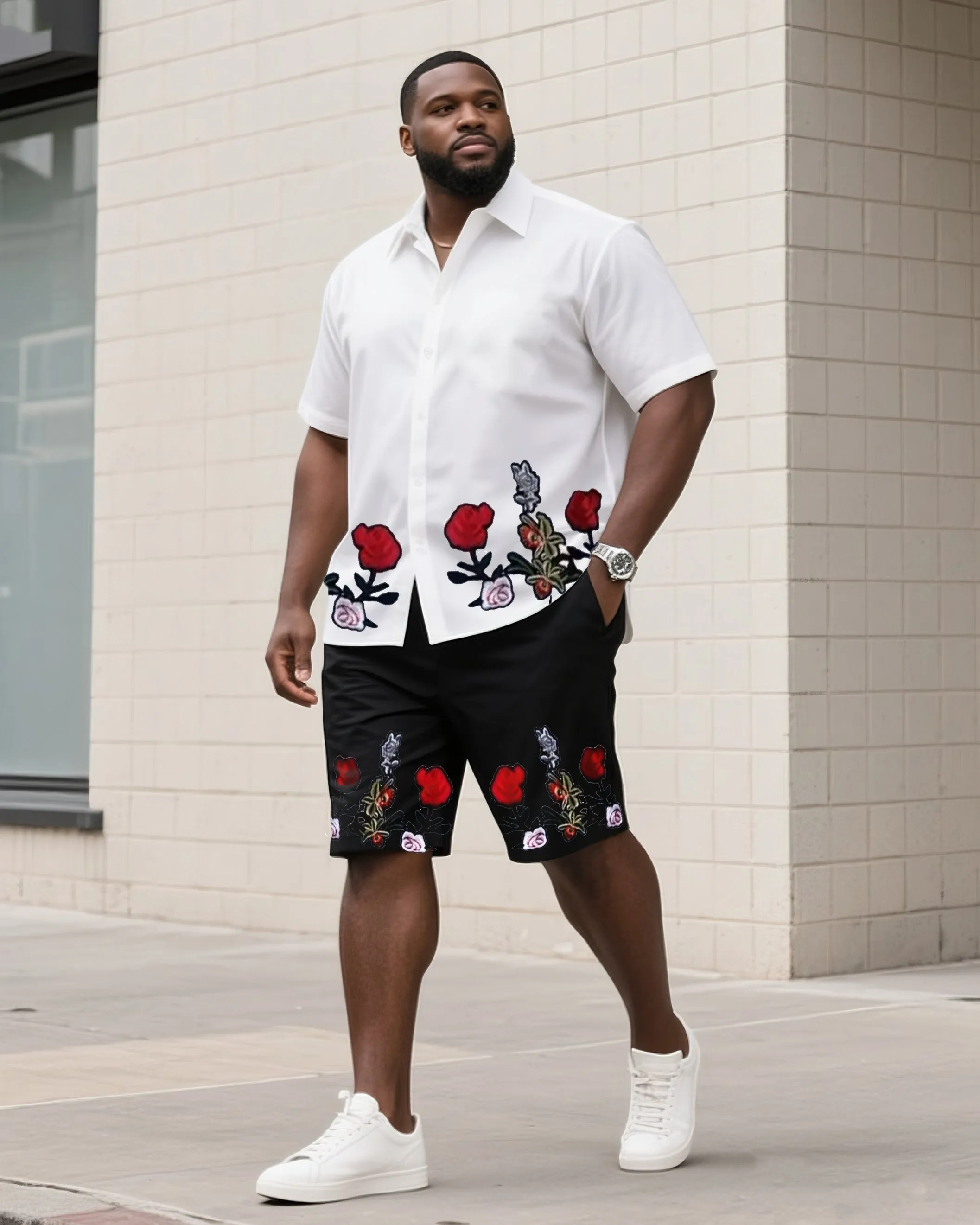 Big & Tall Men's Daily Leisure. High-grade Floral Embroidery Shirt Shorts Suit sold by Biggmans
