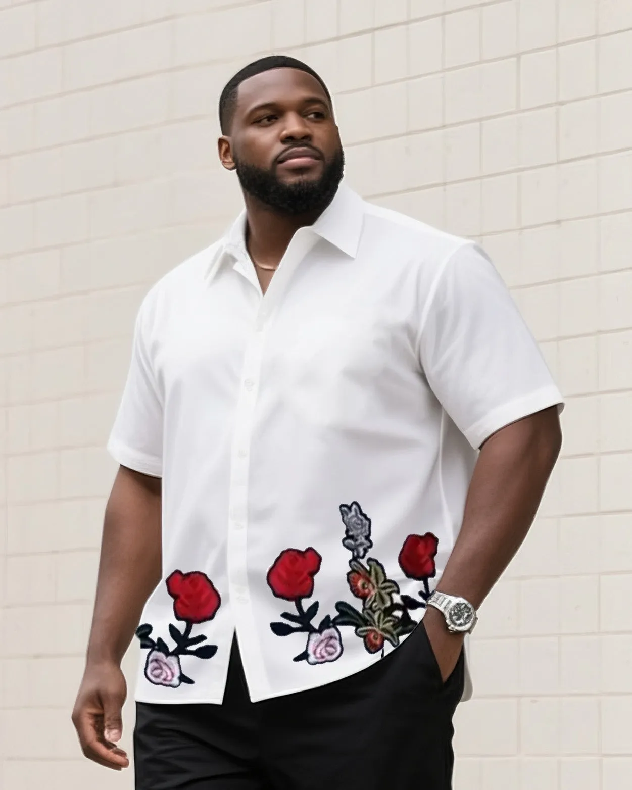 Big & Tall Men's Daily Leisure. High-grade Floral Embroidery Shirt Shorts Suit sold by Biggmans product image thumbnail 2