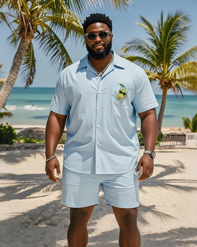 Big & Tall Men's Hawaiian Vacation Lemon Print Pocket Shirt Shorts Suit sold by Biggmans
