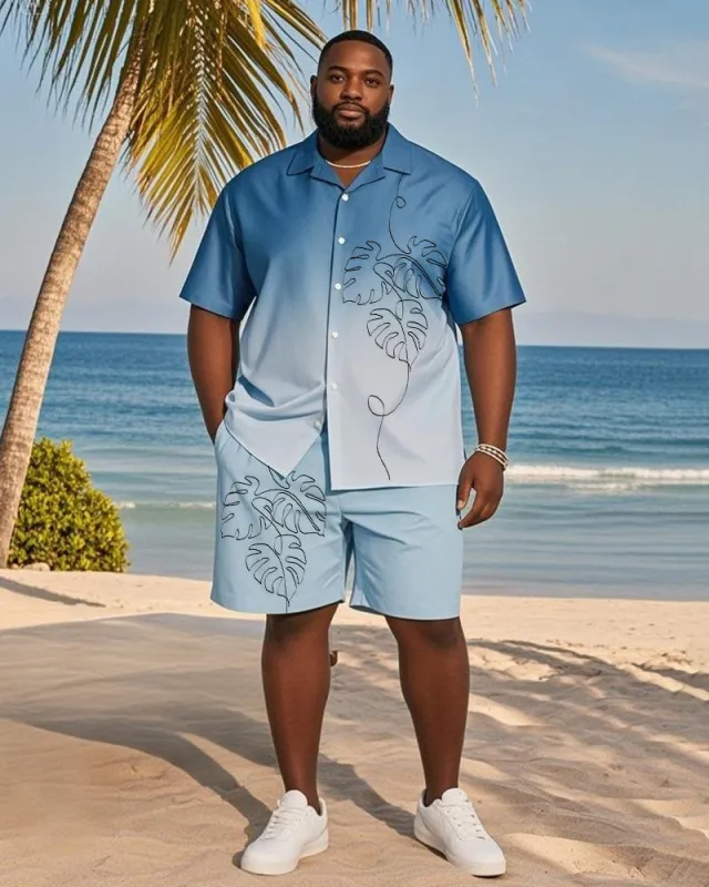 Big & Tall Men's Hawaiian Vacation Blue Gradient Line Leaf Print Shirt Shorts Suit sold by Biggmans