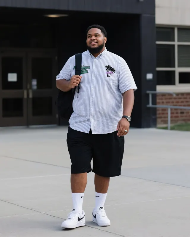 Big & Tall Men's Daily Leisure. Original Design Academy Wind Letters. Blue Pinstripes. Printed Short Sleeve Shirt Shorts Suit sold by Biggmans