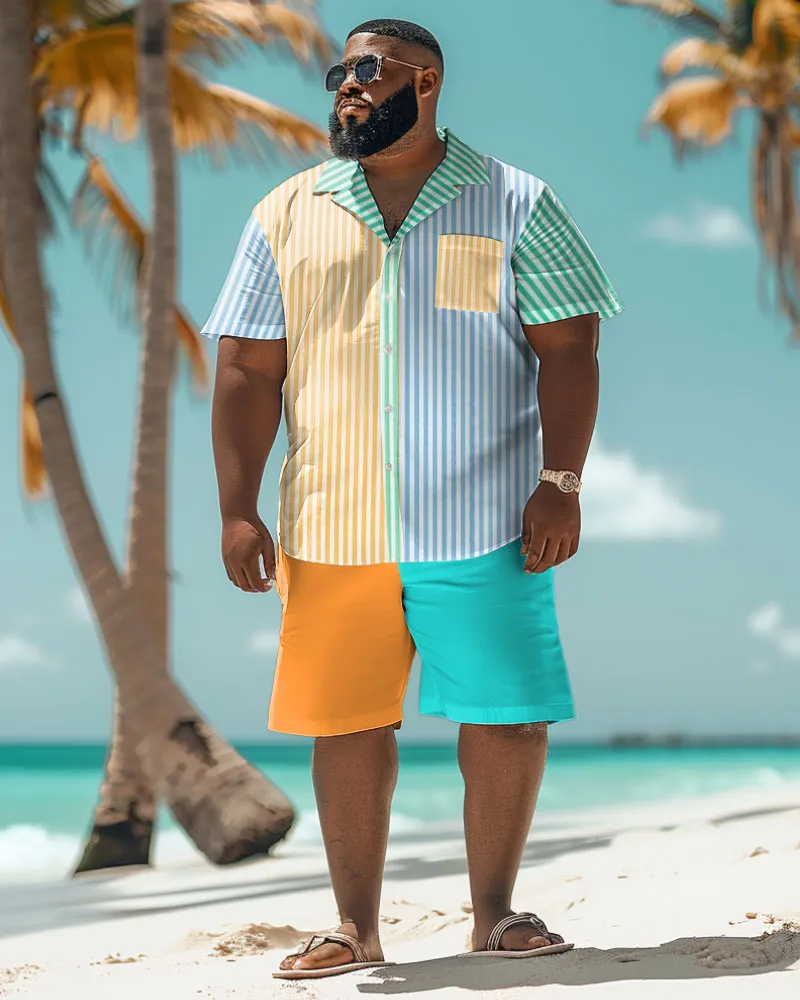 Men's Plus Size Colorblock Hawaiian Striped Print Shirt Shorts Suit sold by Biggmans product image thumbnail 2