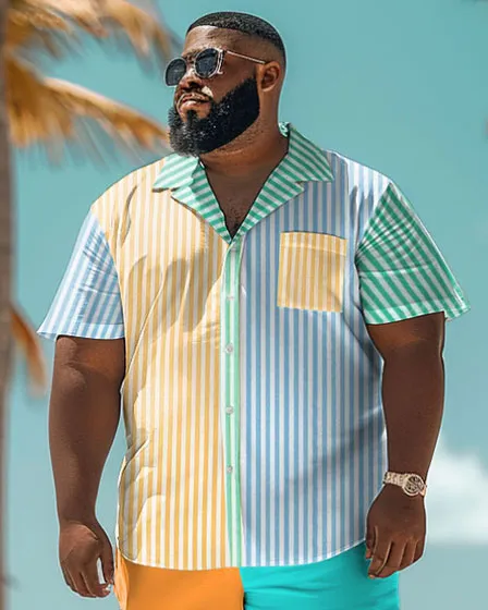 Men's Plus Size Colorblock Hawaiian Striped Print Shirt Shorts Suit sold by Biggmans product image thumbnail 3