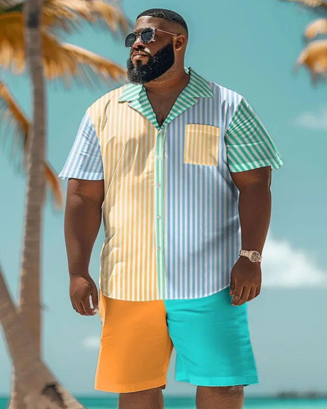 Men's Plus Size Colorblock Hawaiian Striped Print Shirt Shorts Suit sold by Biggmans