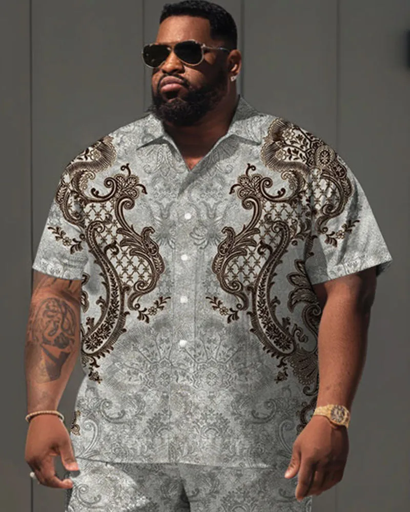 Men's Plus Size Daily Casual Simple Grey Retro Geometric Full Print Shirt Shorts Suit sold by Biggmans product image thumbnail 2