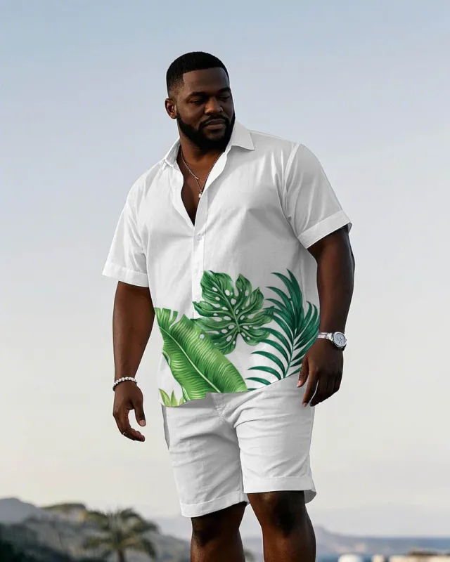 Men's Plus Size Hawaiian Large Leaf Positioning Print Short Sleeve Shirt Shorts Suit sold by Biggmans