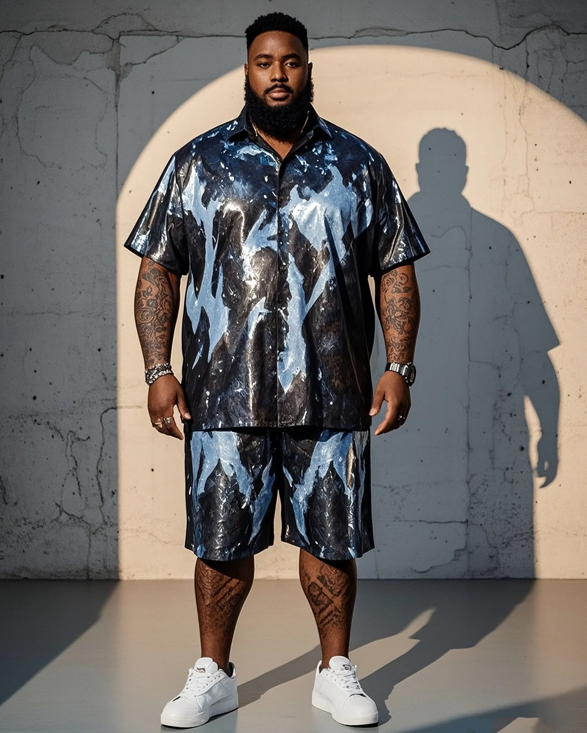 Men's Plus Size Splash Ink Print Short Sleeve Shirt Shorts Suit sold by Biggmans