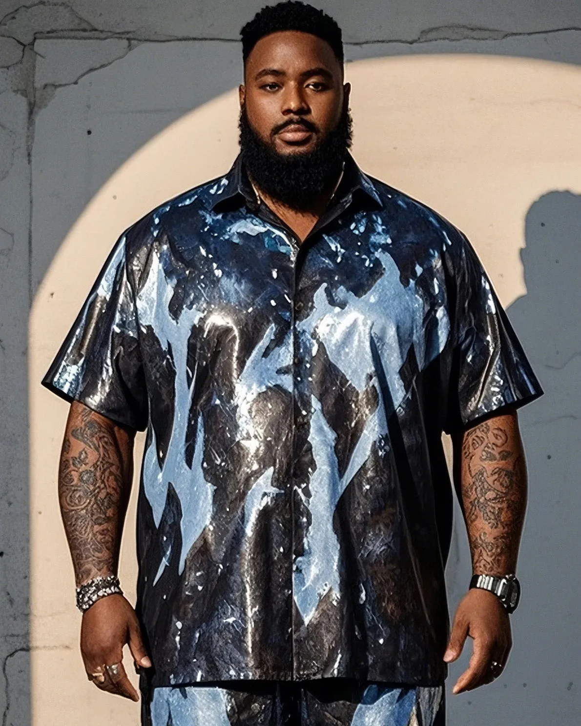 Men's Plus Size Splash Ink Print Short Sleeve Shirt Shorts Suit sold by Biggmans product image thumbnail 2