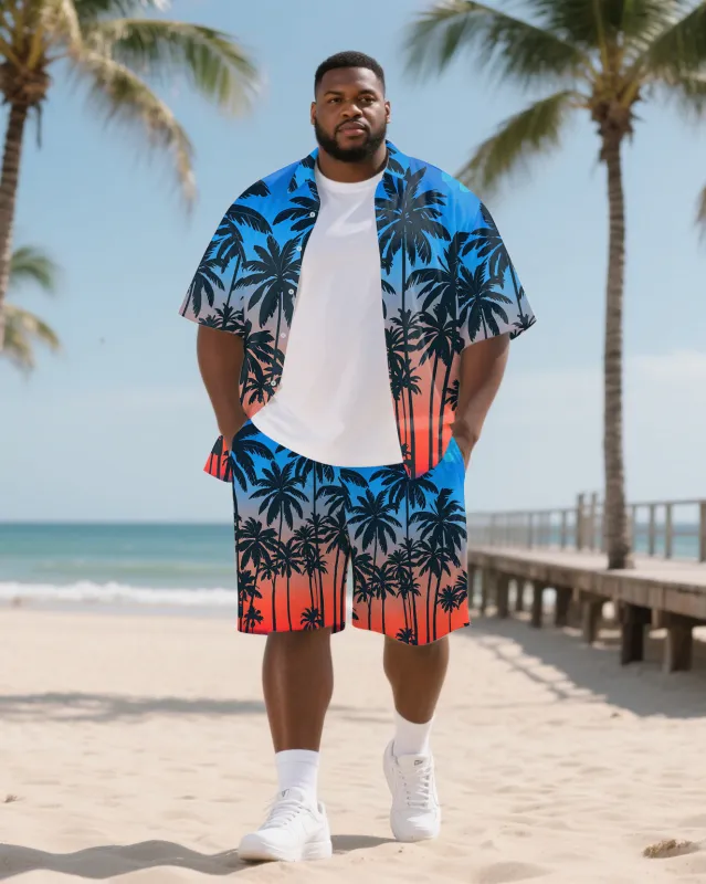 Big Men's Hawaii Theme Gradient Coconut Trees Printed Short Sleeve Shirt Shorts 2-Piece Suits sold by Biggmans