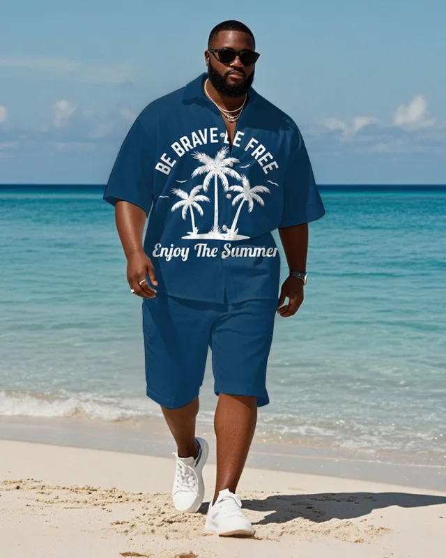 Men's Plus Size Hawaiian Blue Coconut Alphabet Print Shirt Shorts Suit sold by Biggmans