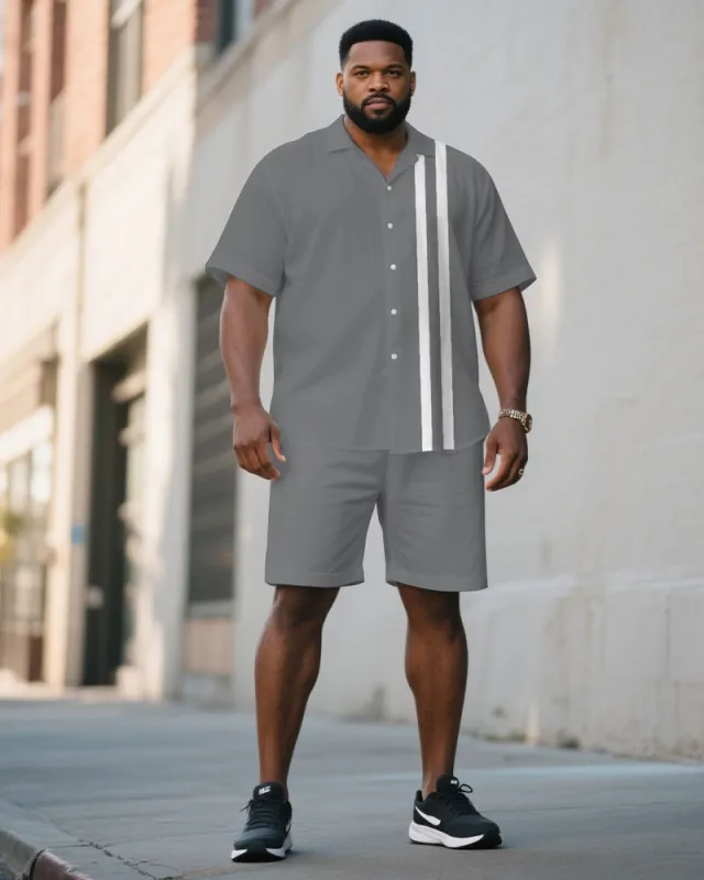 Men's Plus Size Grey & White Colorblock Simple Casual Short-sleeved Shirt Shorts Suit sold by Biggmans
