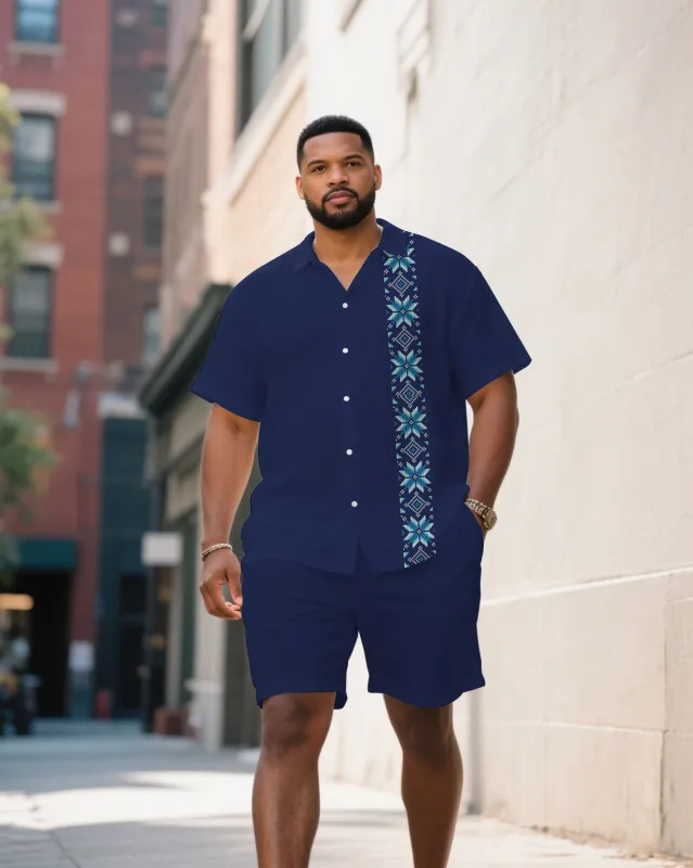Men's Plus Size Royal Blue Patchwork Bohemian Pattern Short Sleeve Shirt Shorts Suit sold by Biggmans