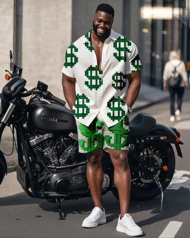 Big Man's Street Biker Style Green My World Creative Dollar Print White Short Sleeve Shirt Shorts Suit sold by Biggmans