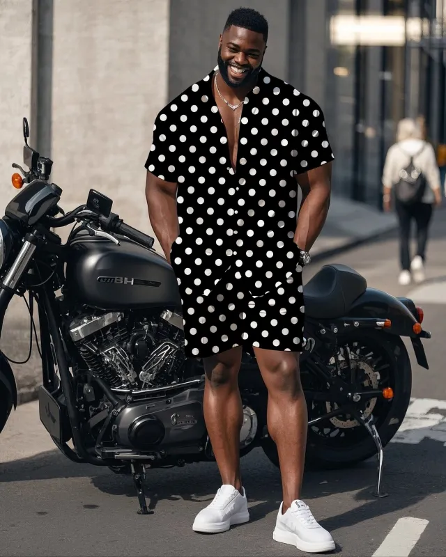 Big Man's Street Motorcycle Style White Small Dot Black Short Sleeve Shirt Shorts Suit sold by Biggmans