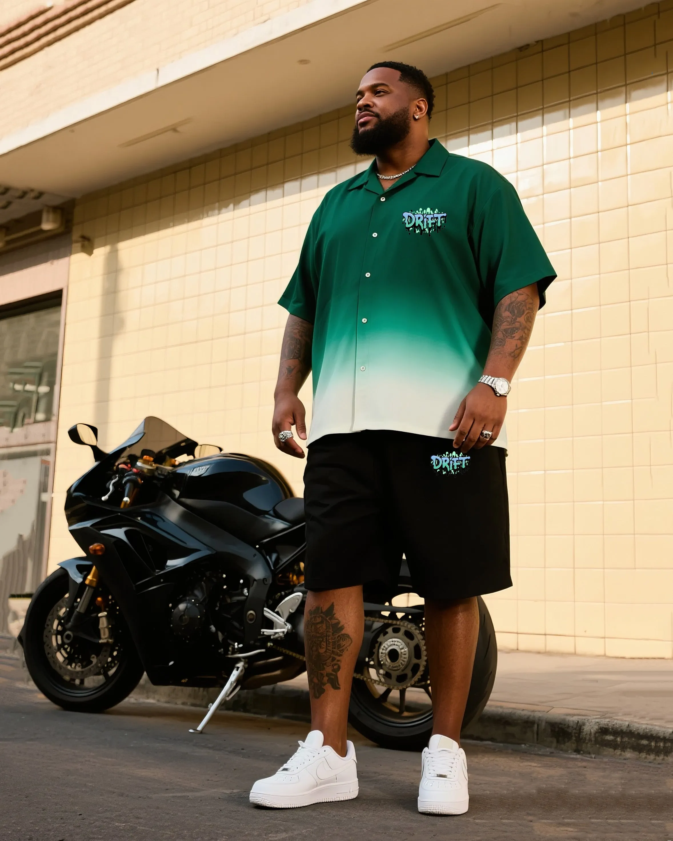 Big Men's Green Gradient White Micro Label Short Sleeve Shirt Shorts Suit sold by Biggmans