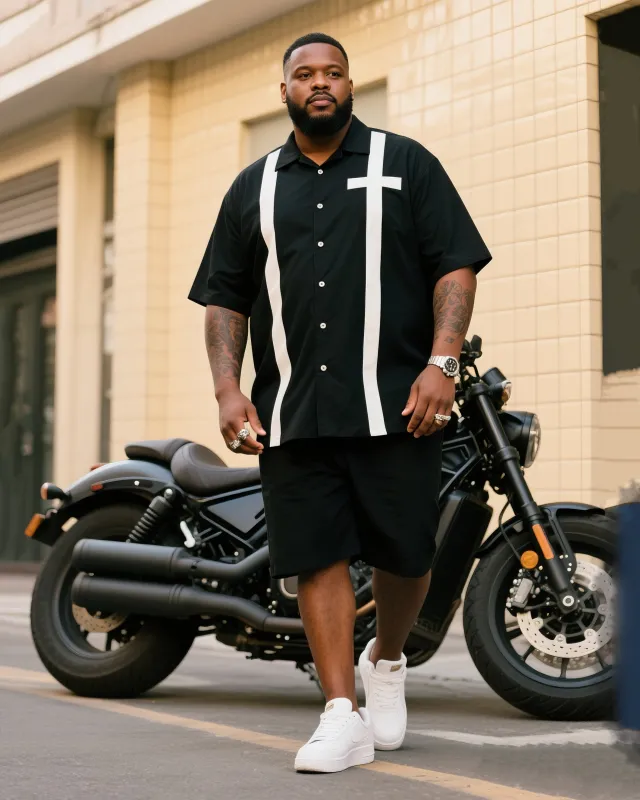Big Man's Faith Cross White Strip Black Short Sleeve Shirt Shorts Suit sold by Biggmans