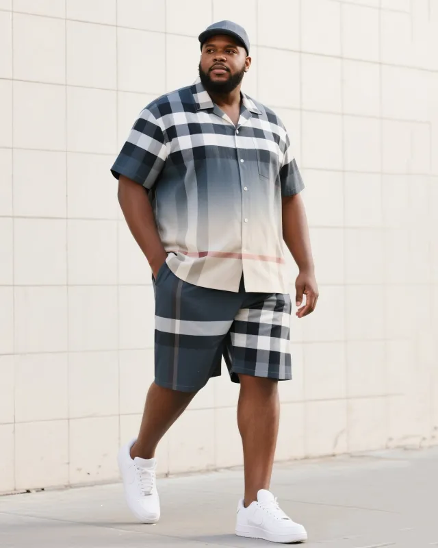Big & Tall Men's Street Fashion Daily Casual Gradient Card Fuzzy Window Plaid Shirt Shorts Suit sold by Biggmans