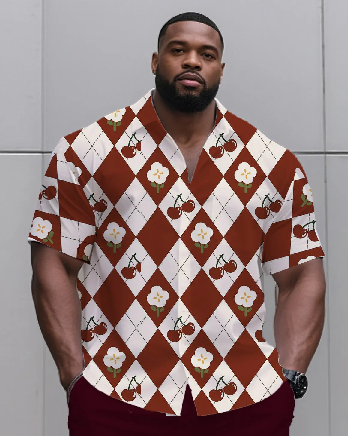 Big & Tall Men's Daily Casual Diamond Cherry Print Shirt Shorts Suit sold by Biggmans product image thumbnail 3