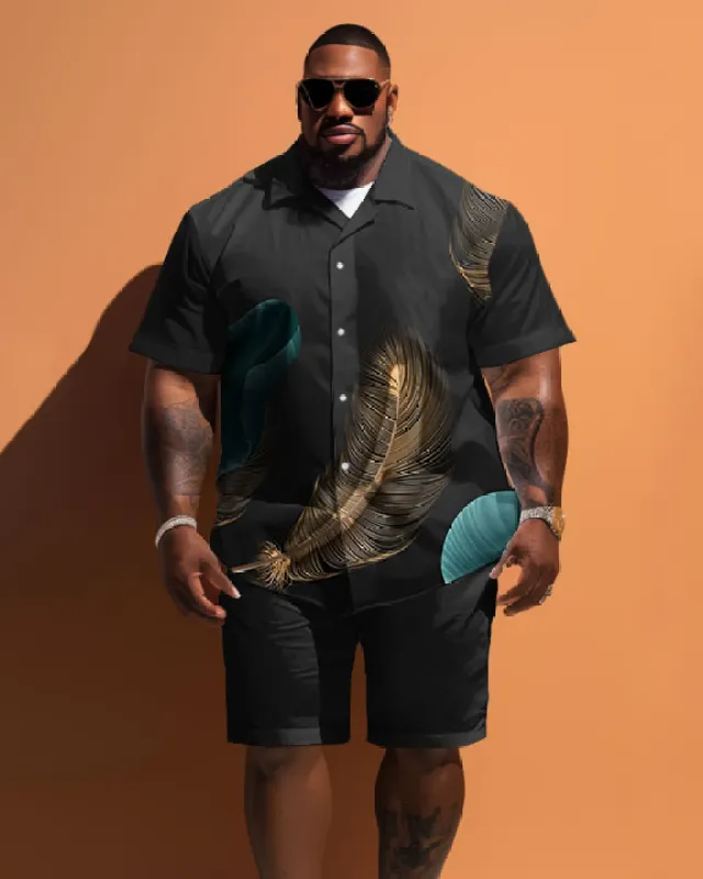 Men's Plus Size Simple Feather Print Short Sleeve Shirt And Shorts Set sold by Biggmans